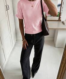 Women's Casual Solid Color Round Neck Ruffle Short Sleeve Loose Fit T-Shirt, Spring/Summer Style, Suitable For Dating And Daily Wear - Pink - View 2