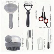 8pcs Pet Grooming Brush Set, Pet Self-Cleaning Set, Includes Pet Nail Clippers And Nail File, Flea Comb, Pet Bath Brush, Pet Shedding Brush, Pet Deshedding Comb, Silicone Toothbrush, Suitable For Small, Medium And Large Pet Bathing - Grey - View 2