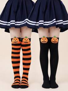2 Pairs Halloween Kids Over-The-Knee Socks Cute Pumpkin Doll Striped Socks Children's Socks - Multicolor - View 1