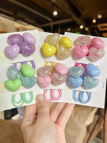 1/6/12Pcs Multicolor Glitter Heart Hair Ties, Sweet Elastic Ponytail Bands, Cute Sparkly Hair Accessories For Daily Wear & Parties - Multi-color_A - View 2