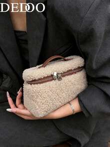 Dedoo 搖粒絨拼接PU小格紋斜挎包，金屬拉鍊可調節肩帶，復古冬季女款通勤旅行包 - 棕色 - 查看 2