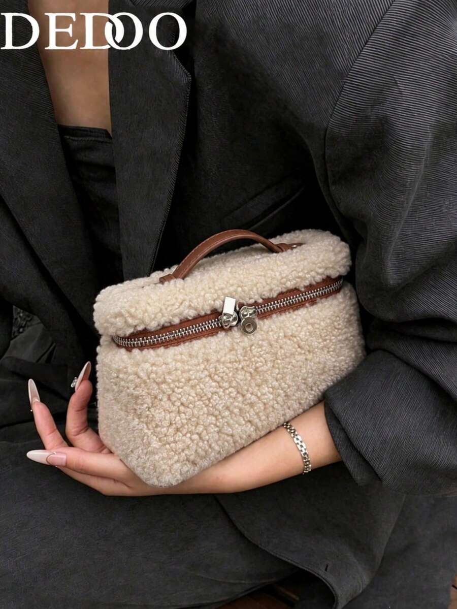 Dedoo 搖粒絨拼接PU小格紋斜挎包，金屬拉鍊可調節肩帶，復古冬季女款通勤旅行包