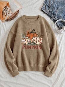 Pull en tricot grande taille pour femmes, col ras-du-cou, manches longues, imprimé floral et citrouille, automne 2026, nouveau, couleur kaki, mode automne, tenues automne, offres automne pour vous, vêtements automne grande taille, tenue automne pour femmes, tenues automne grande taille - Cendre - Voir 1