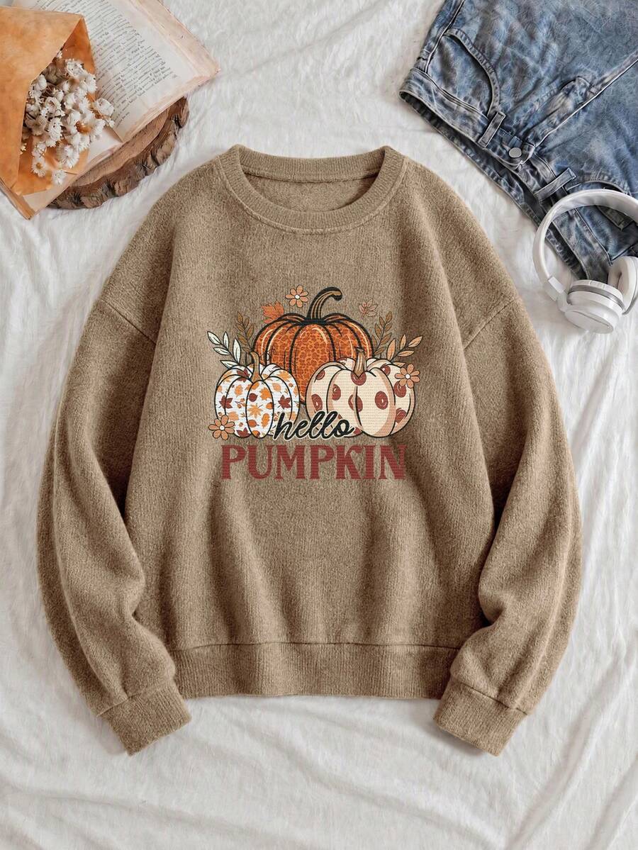 Pull en tricot grande taille pour femmes, col ras-du-cou, manches longues, imprimé floral et citrouille, automne 2026, nouveau, couleur kaki, mode automne, tenues automne, offres automne pour vous, vêtements automne grande taille, tenue automne pour femmes, tenues automne grande taille - Cendre - Voir 1