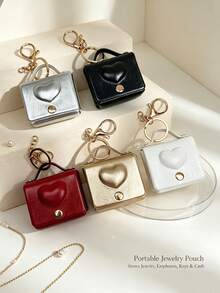 1pc Faux Leather Heart-Shaped Mini Jewelry Storage Bag, Portable Earphone Bag Keychain Hanging, Mini Travel Ring Box Travel Jewelry Box Cosmetic Storage Box, Women's Earring/Ring/Necklace/Bracelet Storage Box, Mini Wallet, Birthday Gift - Heart-shaped Solid Color Small Bag - View 3