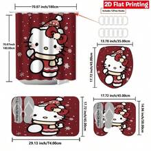 Sanrio Christmas Hello Kitty Red Snowflake Pattern Shower Curtain Set 4 Pieces (Includes 2 Bathroom Mats + 1 Toilet Lid Cover + 1 Shower Curtain), Elegant Floral Design, Suitable For Bathroom Decor And Privacy Protection - Shower Curtain Set - View 5