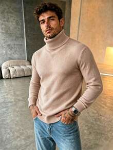 Men Solid Turtleneck Sweater, Basic Versatile Pullover Knit Jumper Autumn Winter Warm Inner Top - Brown - View 1