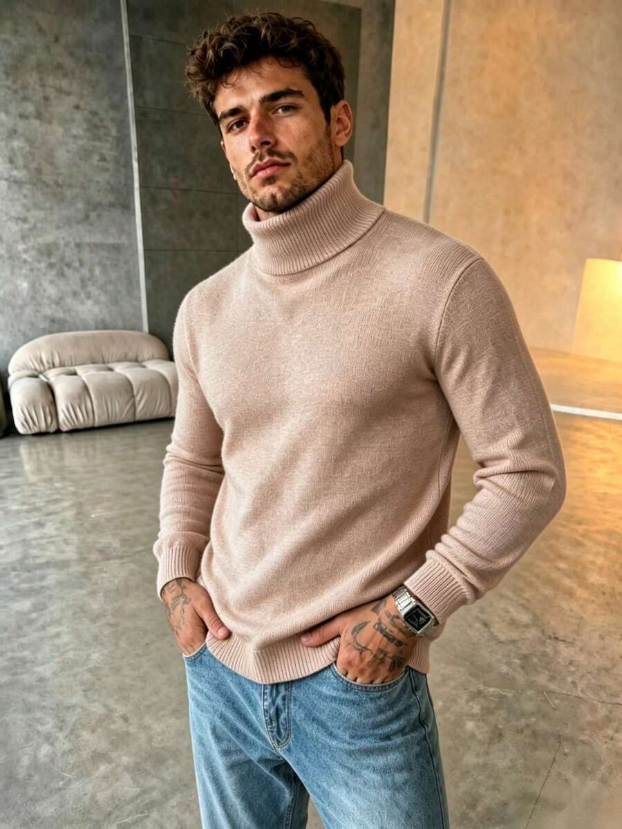 Men Solid Turtleneck Sweater, Basic Versatile Pullover Knit Jumper Autumn Winter Warm Inner Top - Brown - View 1