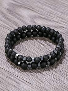 RINTOLER 2 piezas de brazaletes de cuentas de piedra volcánica para hombres, adecuados para uso diario - Negro - Ver 6