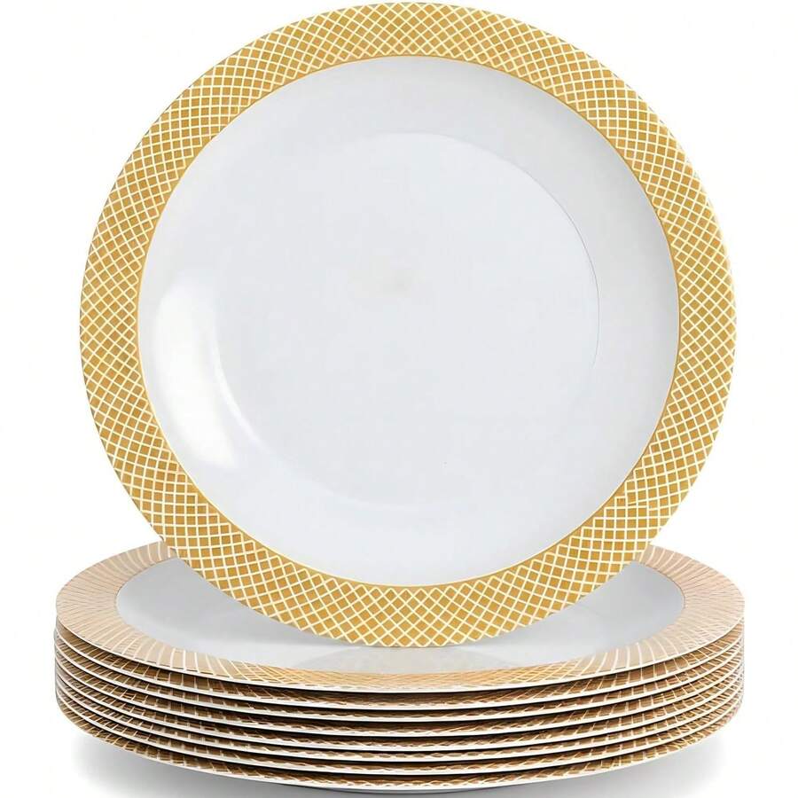 10pcs White Plastic Dinner Plate Set, Gold Rim Decoration, Washable And Reusable. Plate Size In Inches, Made Of Premium Heavy-Duty Material, Elegant Gold Rim Design, Suitable For Large Catering Events, Weddings, Birthday Parties, Graduation Balls, Dinner Parties, Gatherings And Christmas Occasions - Gold - View 1