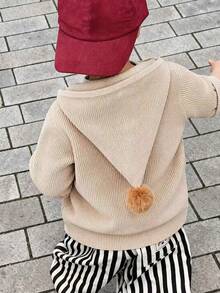 Baby Boy Cute Solid Color Pom Pom Hooded Cardigan Sweater, Long Sleeve Knit, Suitable For Casual Daily Wear In Spring, Autumn And Winter - Brown - View 6