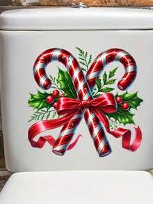 1pc Christmas Candy Cane And Holly Leaf Berry Red Bow Pattern PVC Material Home Wall Bathroom Toilet Decoration Sticker, Suitable For Christmas Holiday Atmosphere Decoration Of Walls, Cabinets, Refrigerators, Toilet Lids And Other Scenes - A - View 6