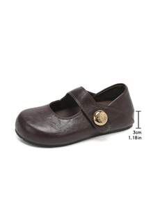 Gold Buckle Double Strap Mary Jane Shoes, Solid Color Versatile Flat Shoes With Metal Buckle And Rounded Toe, Suitable For Daily Wear - Coffee Brown - View 7