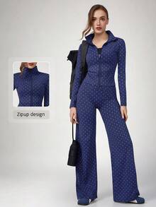 NcmRyu Women's One Set Polka Dot Stand Collar Long Sleeve Zipper Jacket & Straight Wide Leg Pants - Navy Blue - View 1