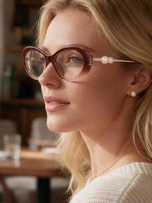 1pc European & American New Oval High-End Women's Clear Lens Metal Temple Pearl Inlaid Fashion Transparent Decorative Glasses - Clear - View 12
