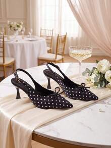 Black Polka Dot Pointed Toe Open Back High Heels, Cute Bow & Buckle Design, Elegant Satin Shoes, Suitable For Summer Dates, Dinners, Parties, Weddings - Black - View 1