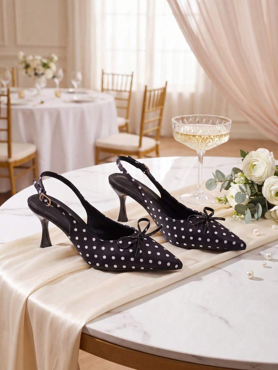 Black Polka Dot Pointed Toe Open Back High Heels, Cute Bow & Buckle Design, Elegant Satin Shoes, Suitable For Summer Dates, Dinners, Parties, Weddings - Black - View 1