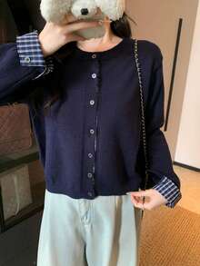 Women's Autumn/Winter Patchwork Plaid Knit Cardigan, Round Neck Long Sleeve Cardigan Top - Navy Blue - View 2