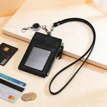 Halter Card Holder PU Leather Multi-Slot ID Badge Wallet With Transparent Window Zipper Coin Pocket Retractable Lanyard Suitable For Work Office School Multiple Colors Available - Multicolor - View 5