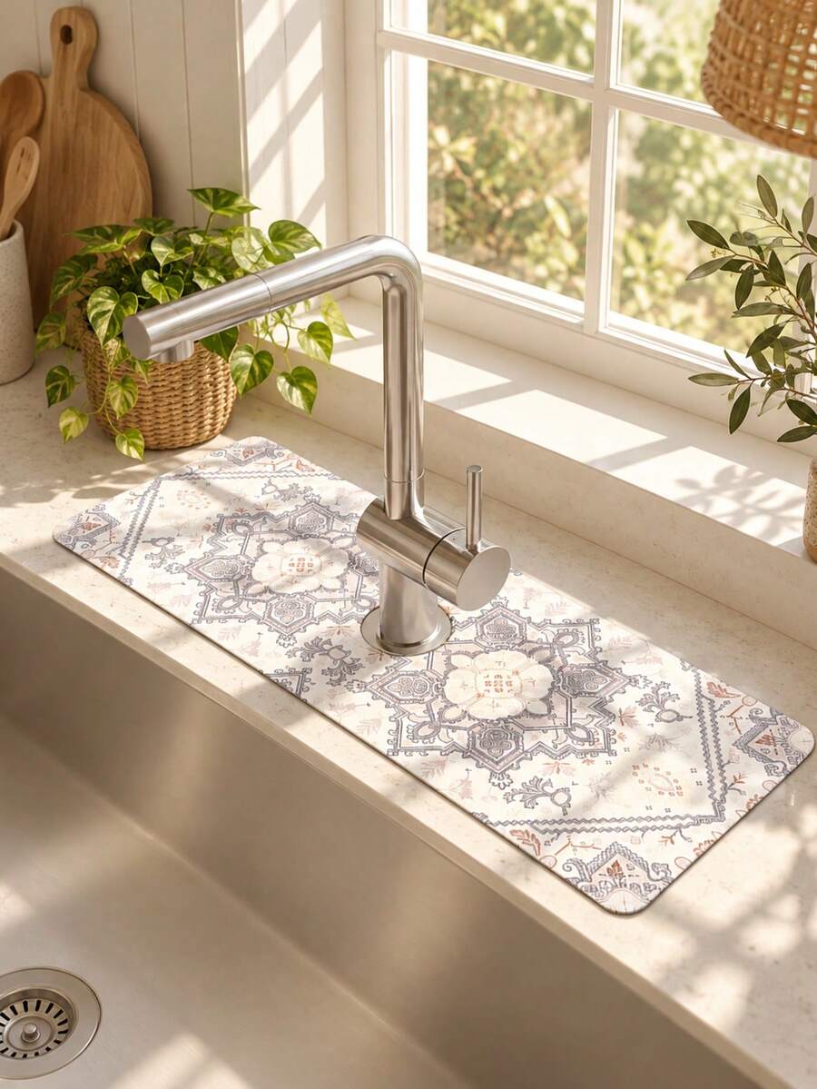1pc Sink Faucet Absorbent Mat, Bohemian Pattern Design Drainage Pad, Suitable For Kitchen, Bathroom Sink, Countertop, Drainage Mat, Diatomaceous Earth Material, Trimmable, Quick-Drying Mat - Multicolor - View 1