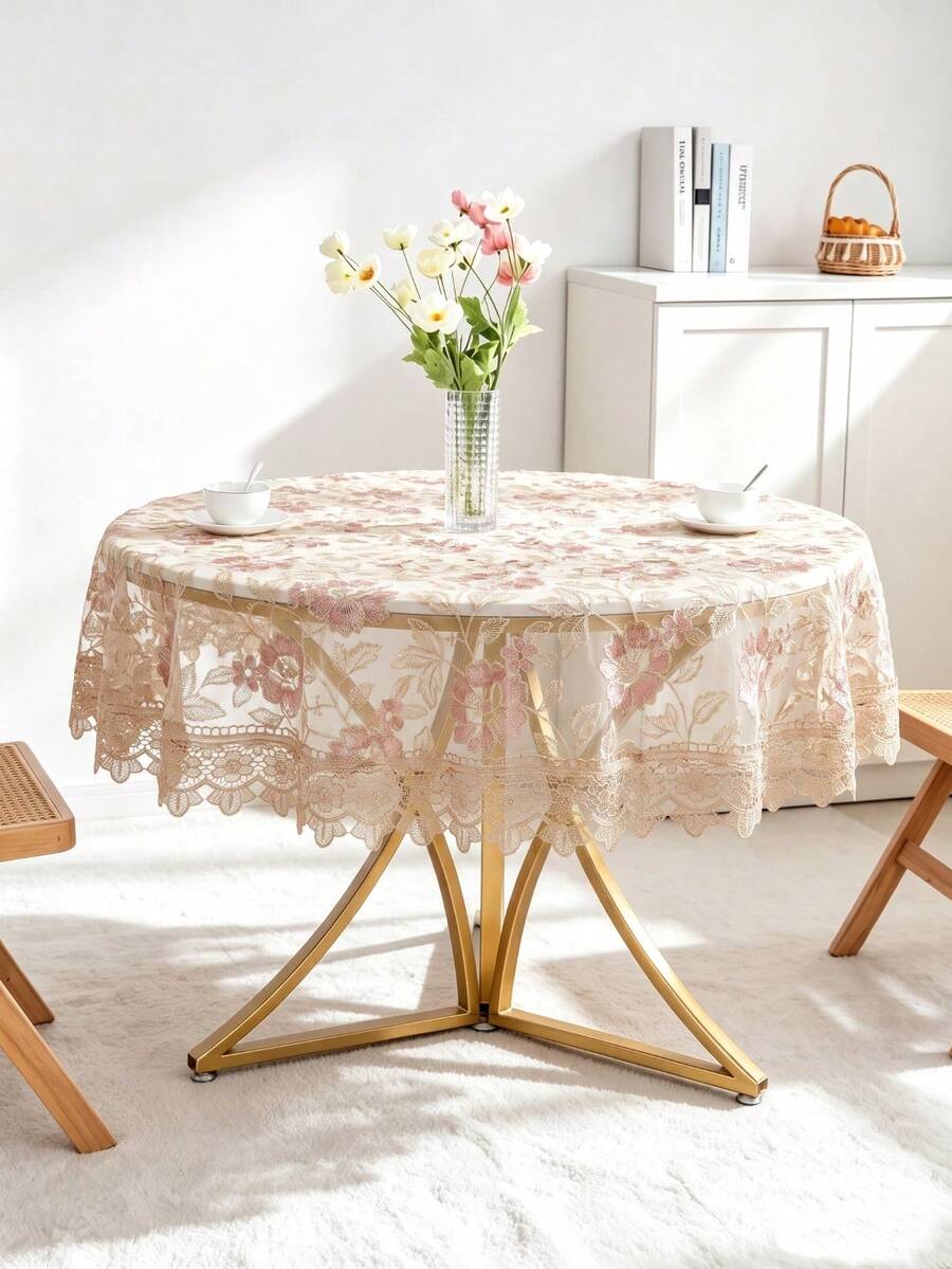 1PC Floral Embroidered Lace Round Tablecloth, Lightweight Hollow Decorative Table Cover, Suitable For Home, Wedding, Dining Table - Burgundy - View 1