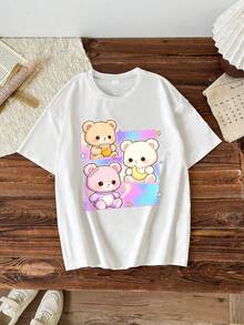 1pc Girls' Korean Girl Group Style Loose Short Sleeve T-Shirt, Suitable For Daily School Wear In Spring/Summer - White - View 1