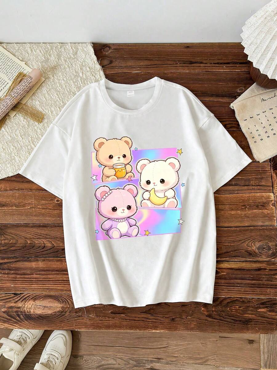 1pc Girls' Korean Girl Group Style Loose Short Sleeve T-Shirt, Suitable For Daily School Wear In Spring/Summer - White - View 1