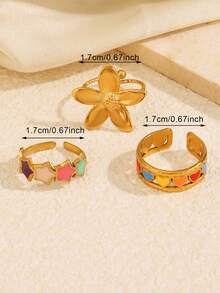 3pcs Stainless Steel Gold Color Personalized Versatile Cute Geometric Colorful Heart Flower Star Rings Set Suitable For Women Daily Holiday Date Wear - Multicolor - View 5