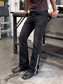 Celana Jeans Pria Hitam Model Flare dengan Efek Pudar, Celana Denim Vintage dengan Hiasan Rhinestone di Samping, Gaya Kasual Jalanan Cocok untuk Pemakaian Sehari-hari dan Pesta - Hitam - View 2