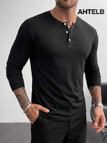 AHTELB Men's Spring/Autumn Henley Collar Long Sleeve Base Layer, 3-Button Half-Placket Design, Versatile Casual Top For Layering Sports Black - Black - View 1
