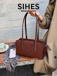 1pc Solid Color Suede Velvet New Women's Bag, Shoulder Bag, Fashionable Large Capacity Baguette Bag, Suitable For Commuting, Shopping, Dating, Shopping - Coffee - View 2