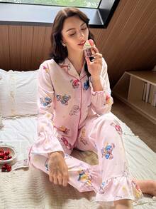 Sweet Pink Bear & Star Print Woven Pajama Set, Lantern Sleeve Button-Down Top & Pants Women Fall Winter Clothes - Pink - View 1