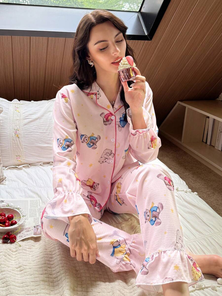 Sweet Pink Bear & Star Print Woven Pajama Set, Lantern Sleeve Button-Down Top & Pants Women Fall Winter Clothes - Pink - View 1