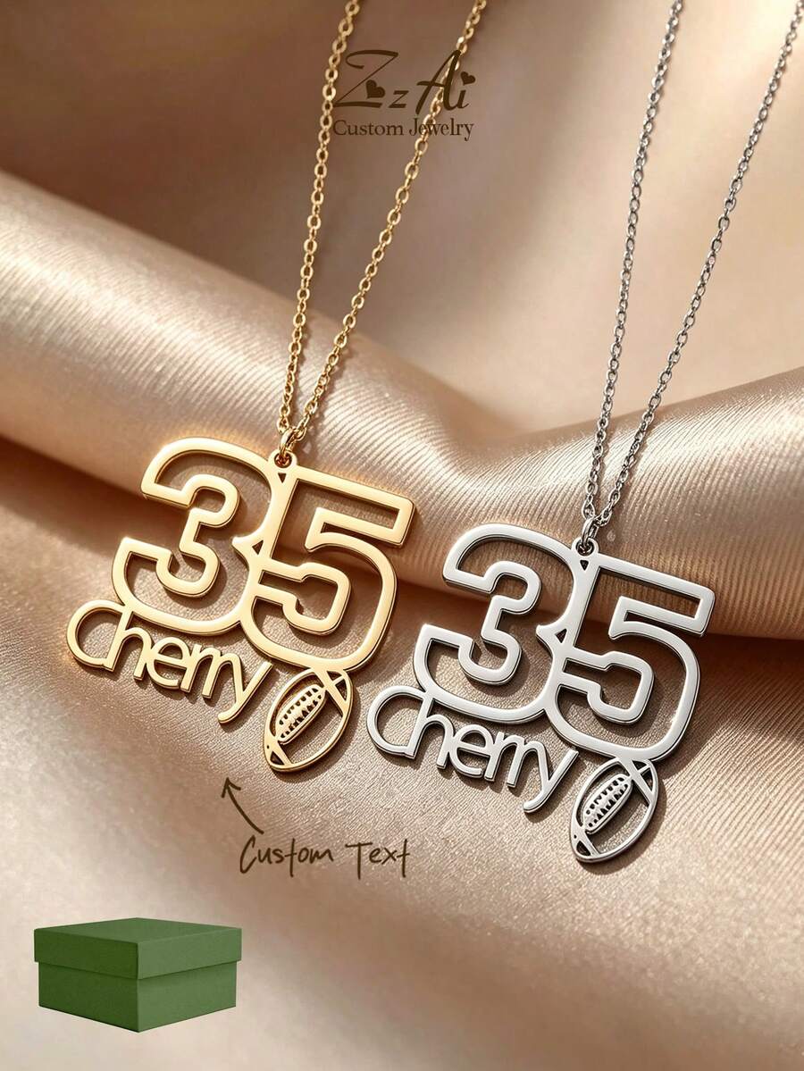 [ZzAi Custom]1件客製化數字姓名項鍊 - 數字棒球項鍊 - 個性化籃球數字吊墜項鍊 - 運動珠寶 - 橄欖球款式 - 查看 1