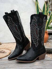 Elegant Women's Vintage Embroidered Western Cowboy Boots, Pointed Toe Chunky Square Heel Mid-Calf Riding Boots, Fashion Coachella Style - Black - View 7