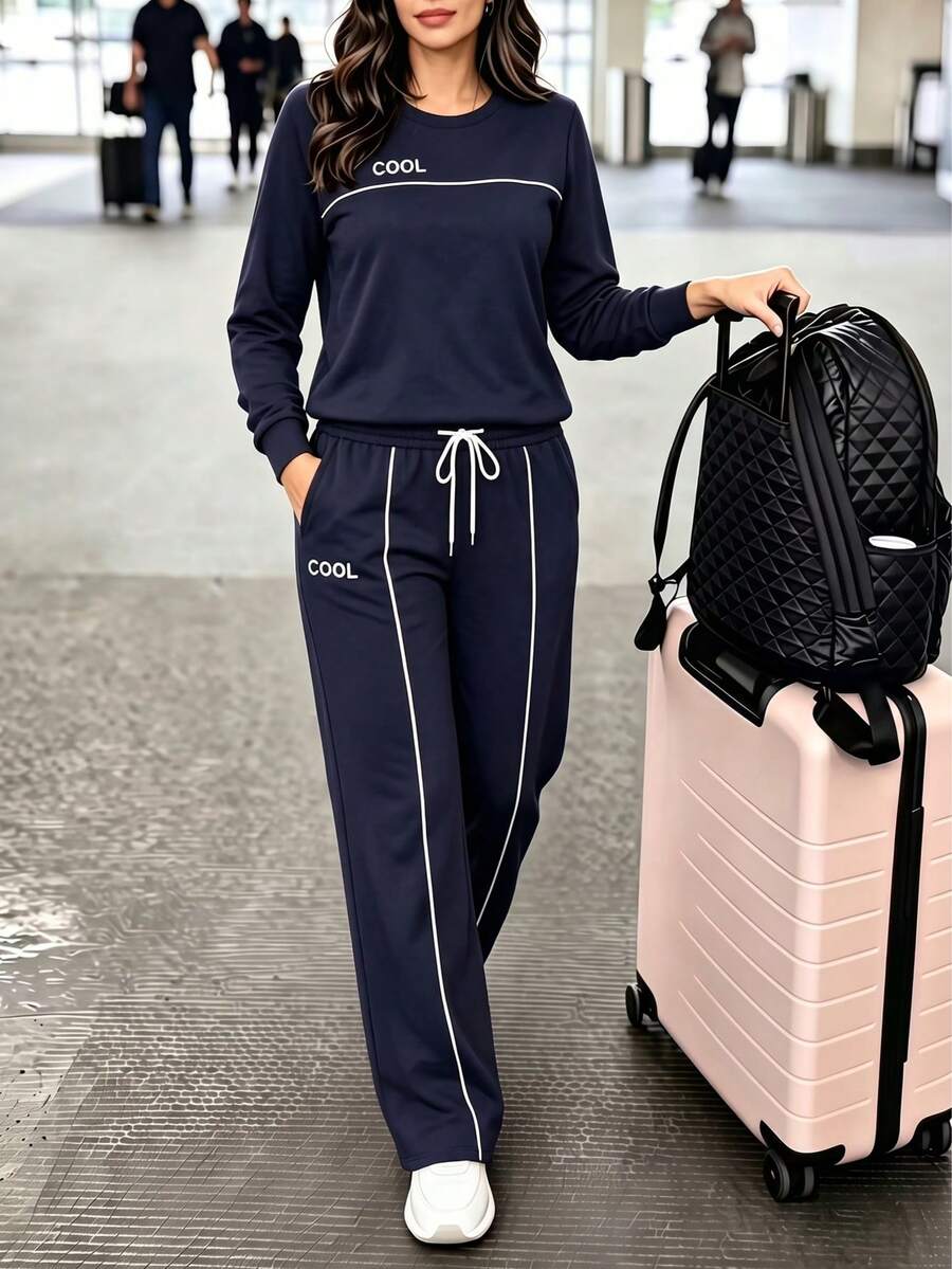 Women Autumn Casual Sports Contrast Striped Side Long Sleeve T-Shirt And Loose Wide Leg Pants Set,Back To School - Navy - View 1