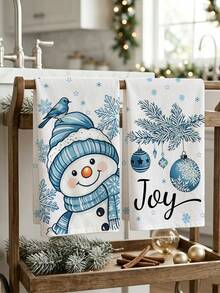 2件裝清爽藍色聖誕雪人JOY聖誕掛式廚房抹布，聖誕烘焙餐盤布，家居裝飾 - 彩色 - 查看 8