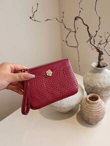 Women's Red Quilted Leather Wristlet Wallet Zip Around Card Holder Clutch Coin Purse With Gold Flower Charm - Red - View 9