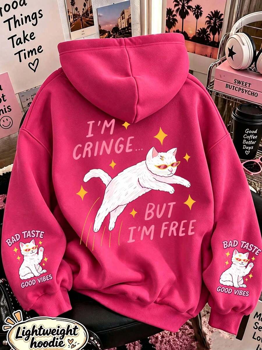 Women's Plus Size Fuchsia Hooded Sweatshirt With Playful Cat Graphic, Long Sleeve Drawstring Pullover, Suitable For Autumn/Winter, Dopamine Style, Streetwear, Versatile Loose Fit, Flattering Slimming, Suitable For Daily Wear, Layering - Hot Pink - View 1