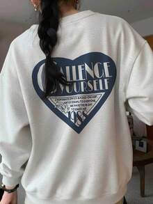 Vintage Distressed Heart & Letter Print Oatmeal Grey Crew Neck Sweatshirt, Oversized Fit, Versatile Long Sleeve Autumn/Winter Top - Off-white - View 1