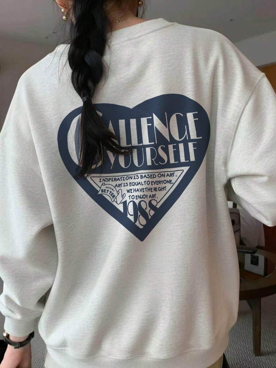 Vintage Distressed Heart & Letter Print Oatmeal Grey Crew Neck Sweatshirt, Oversized Fit, Versatile Long Sleeve Autumn/Winter Top - Off-white - View 1
