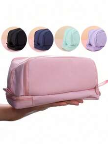 1pc Large Capacity Double Layer Pencil Case, Oxford Fabric Zipper Style, Pink, Suitable For Students And Office Use, Random Color, Random Packaging - A - View 2