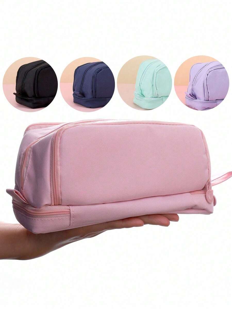 1pc Large Capacity Double Layer Pencil Case, Oxford Fabric Zipper Style, Pink, Suitable For Students And Office Use, Random Color, Random Packaging