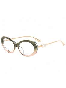 1pc European & American New Oval High-End Women's Clear Lens Metal Temple Pearl Inlaid Fashion Transparent Decorative Glasses - Clear - View 15
