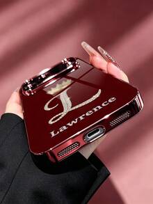 1pc Customized Name Fashion Phone Case, Printed Rhinestone Initial With Gold Crown Pattern, Burgundy Electroplated High-Definition Glass Shell Compatible With Apple Duo/18ProMax/17ProMax/16Pro/15/14Plus/13Pro/12ProMax/11/XsMax & S26Ultra/25Plus/24/23/22 & A36/A35/A33/A31/A26/A15/A13/Note20/10Pro And Other Series Models - Burgundy - View 6