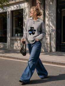 Sweater Rajut Polo Kerah Motif Kucing Kartun Musim Gugur, Pakaian Thanksgiving untuk Akhir Pekan di Kampus, Kencan Sehari-hari & Jalan-jalan Santai - Grey - View 4