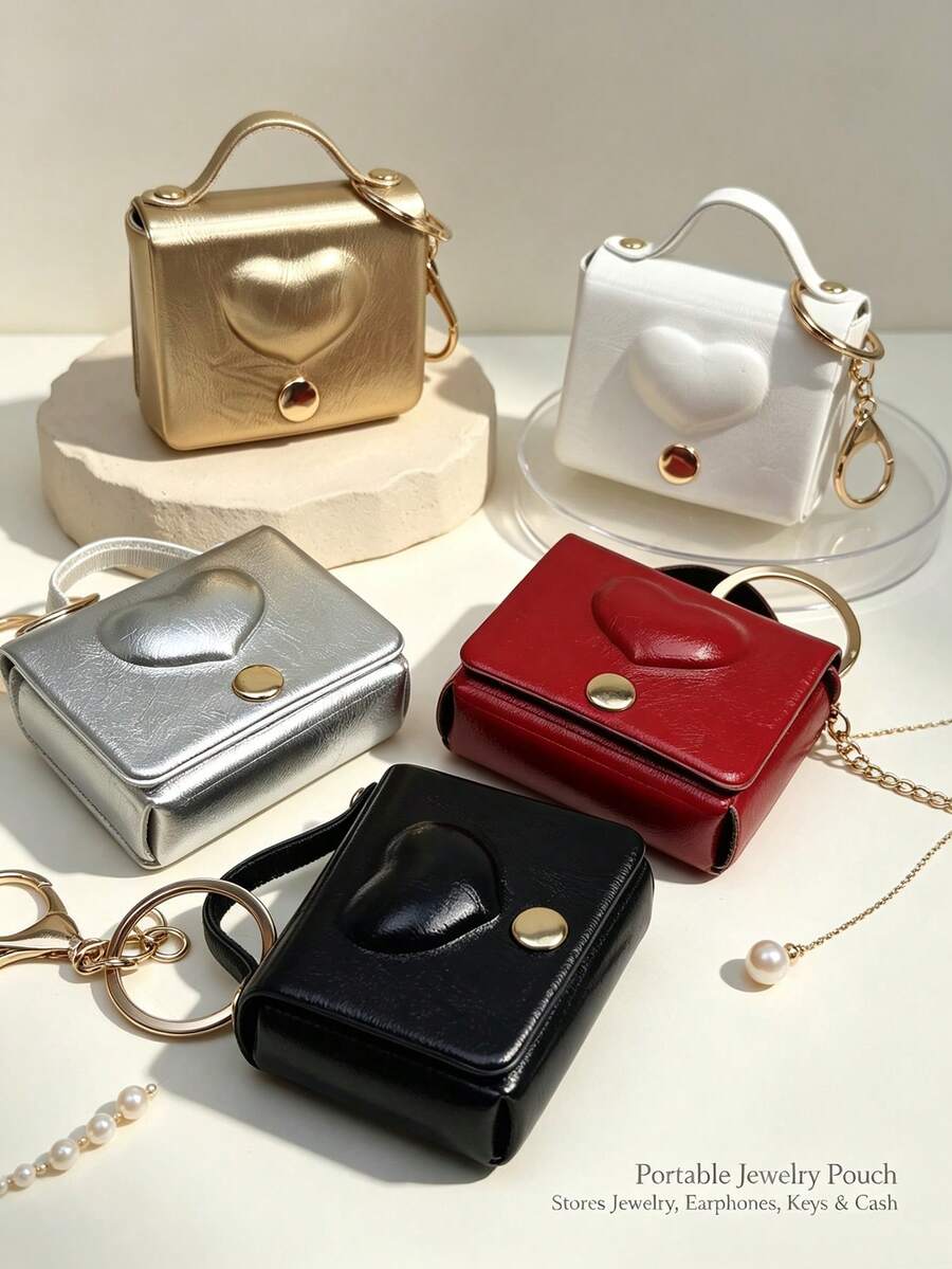 1pc Faux Leather Heart-Shaped Mini Jewelry Storage Bag, Portable Earphone Bag Keychain Hanging, Mini Travel Ring Box Travel Jewelry Box Cosmetic Storage Box, Women's Earring/Ring/Necklace/Bracelet Storage Box, Mini Wallet, Birthday Gift - Heart-shaped Solid Color Small Bag - View 1
