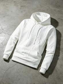 Men's Spring/Autumn Solid Color Jacquard Letter Pattern Casual Drawstring Kangaroo Pocket Long Sleeve Hooded Sweatshirt, Daily Commute Wear - White - View 1
