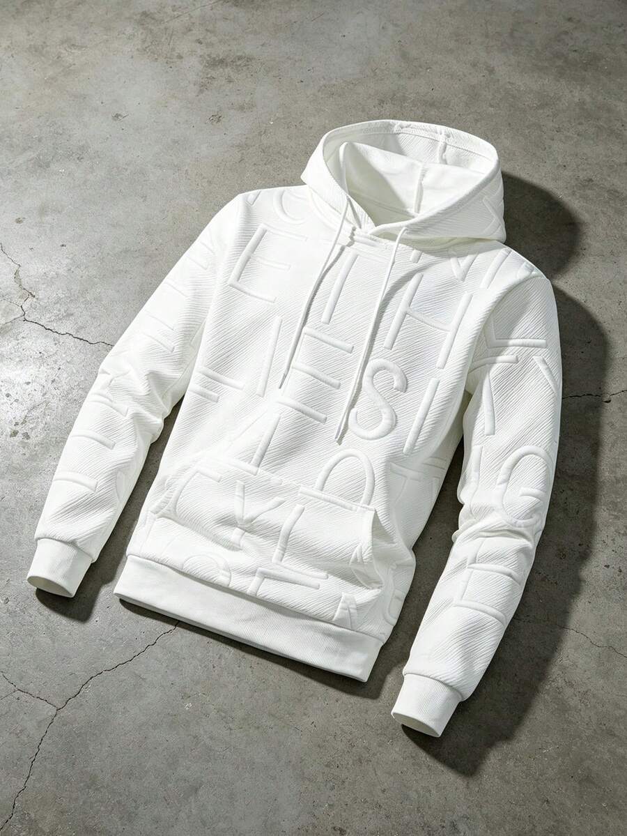 Men's Spring/Autumn Solid Color Jacquard Letter Pattern Casual Drawstring Kangaroo Pocket Long Sleeve Hooded Sweatshirt, Daily Commute Wear - White - View 1