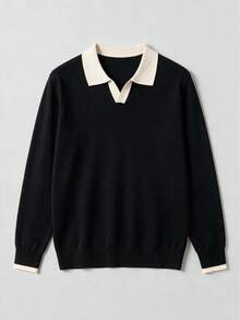 Men's Patchwork Slim Fit Regular Shoulder Airplane Collar Knit Long Sleeve Polo Shirt Contrast Color Turn Collar Sweater Autumn/Winter New Style - Black - View 2